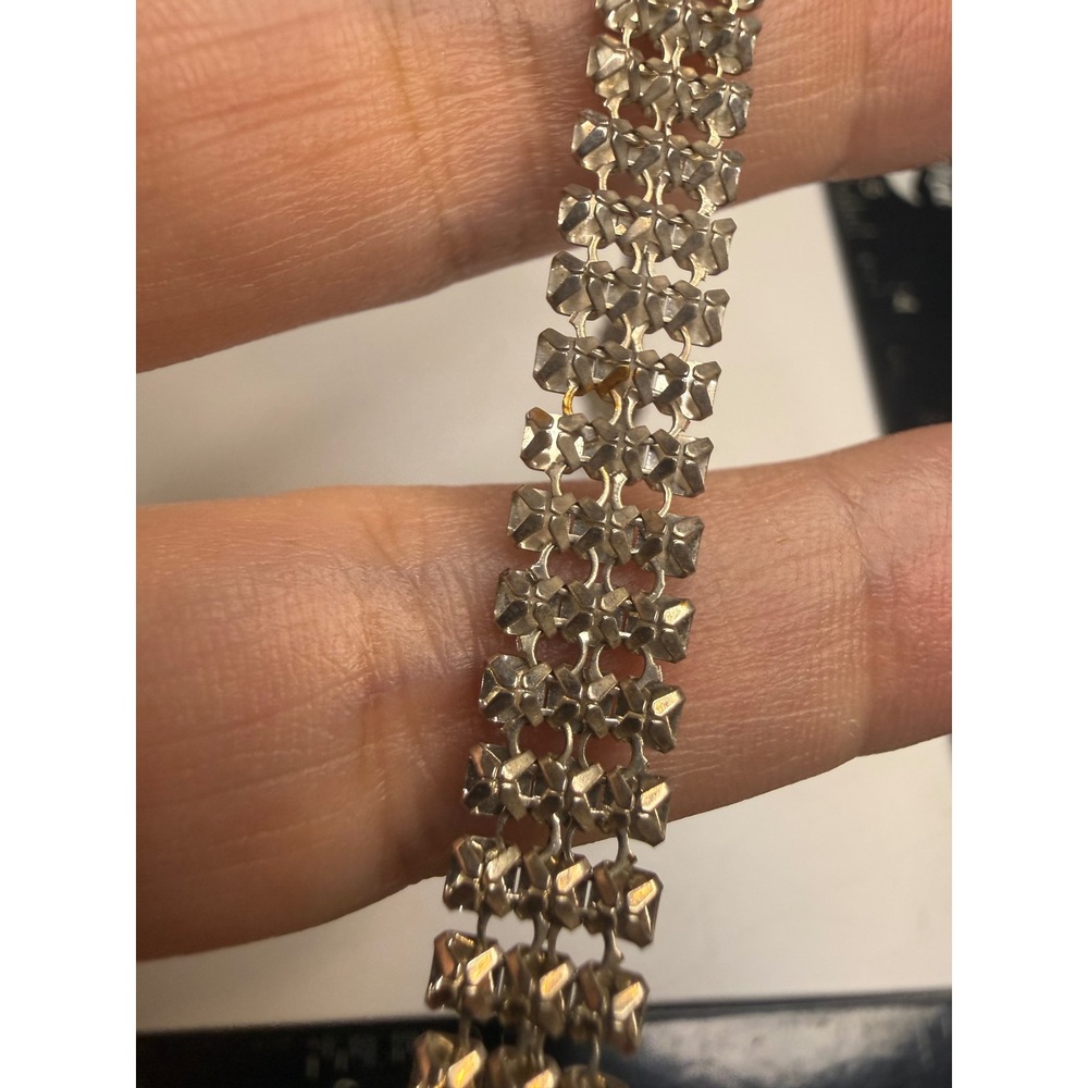 Silver Tone Triple Row Mesh Bracelet Textured Link Fold Over Clasp 7.25 Inch